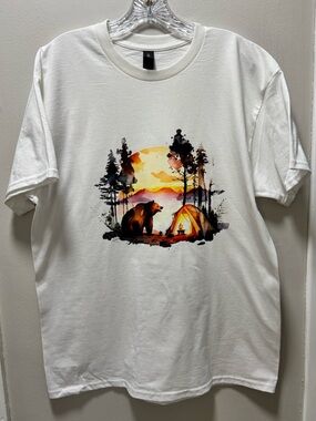 T-Shirt “Camping Life” Motif Gildan  Heavy Cotton Crew W/Tag New LG P2P 22” L30”